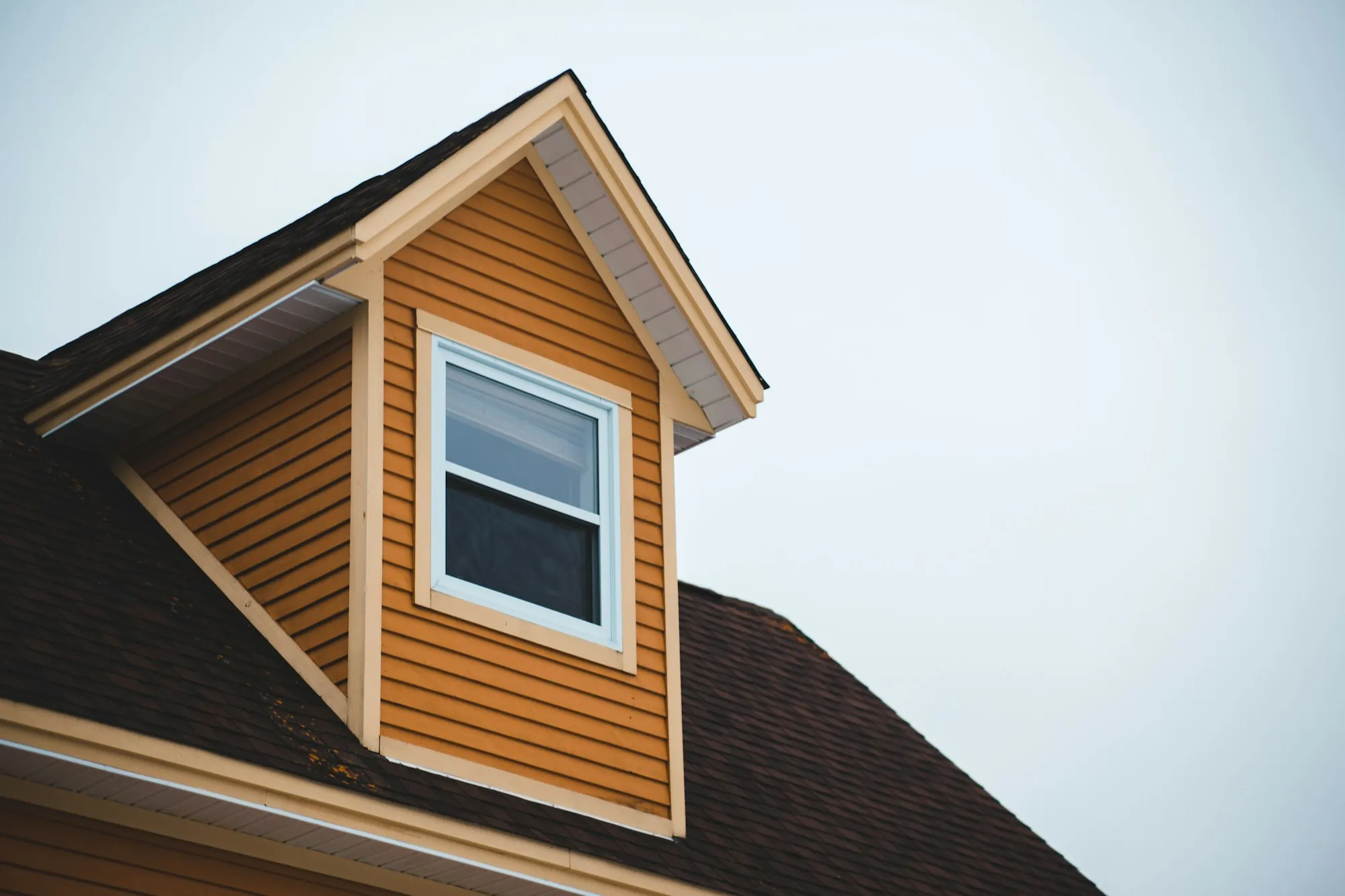 Siding-clad dormer set into a dark shingle roof